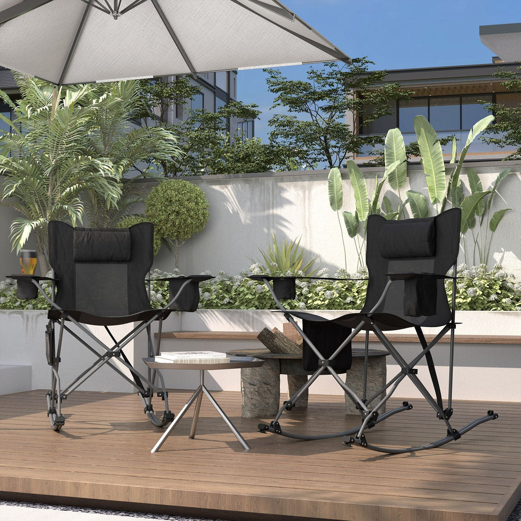 Outsunny Portable Outdoor Folding Rocking Camping Chairs with Headrest, Cooler Bag, Cup Holder, Carry Bag, 2 Pack, Black