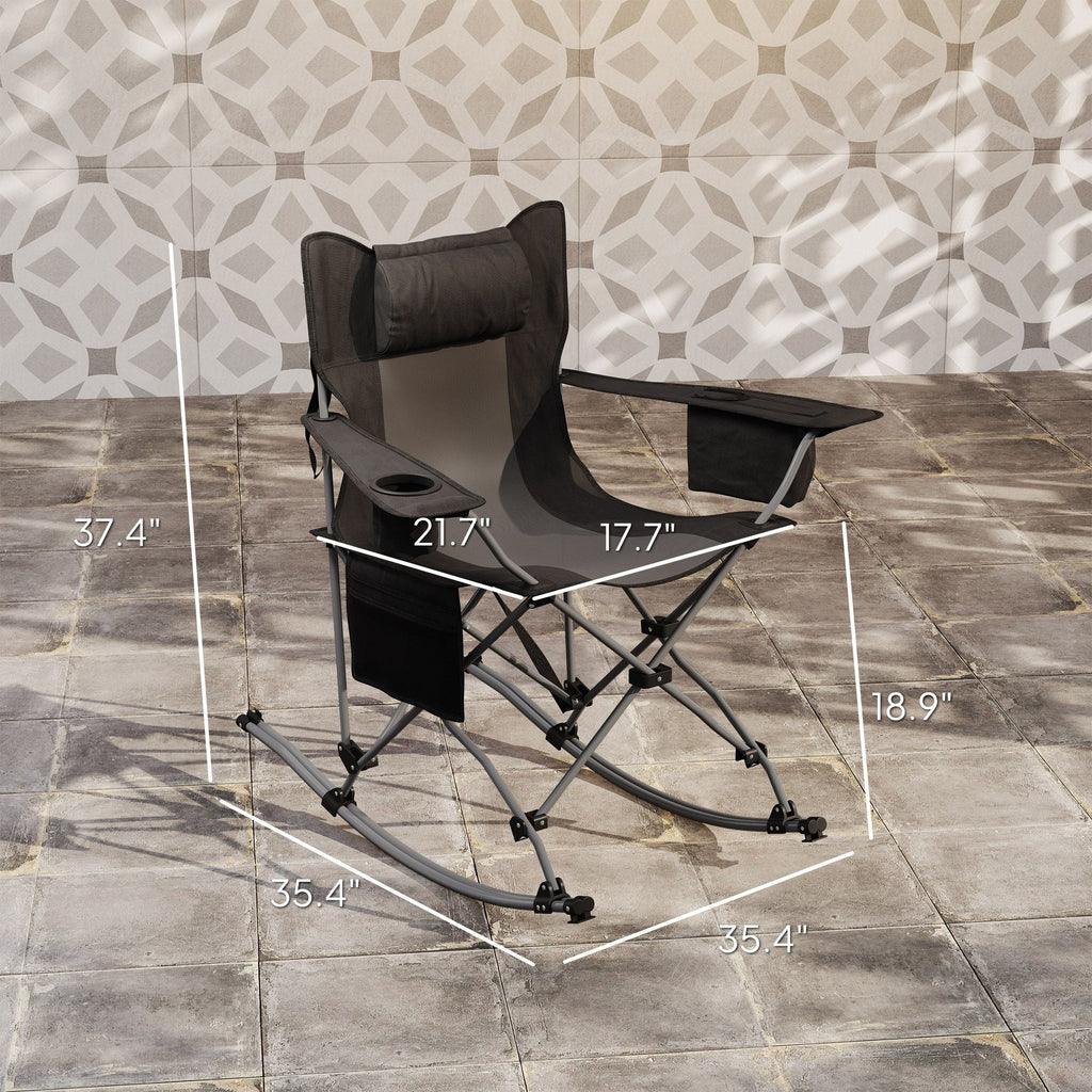 Outsunny Portable Outdoor Folding Rocking Camping Chairs with Headrest, Cooler Bag, Cup Holder, Carry Bag, 2 Pack, Black